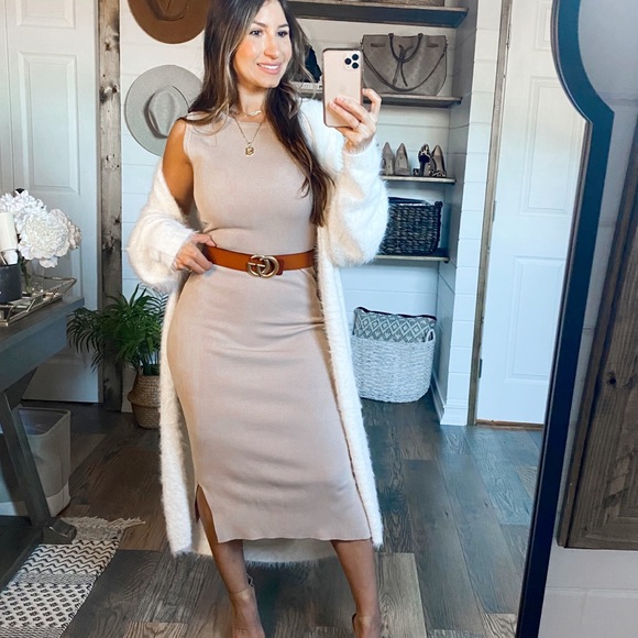 New Nude Taupe Sleeveless Midi Sweater Dress - Picture 12 of 12